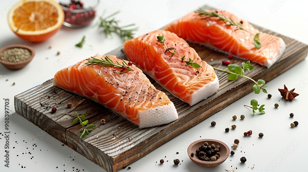 Poster wooden board with raw salmon steaks and different spices on white background : generative ai