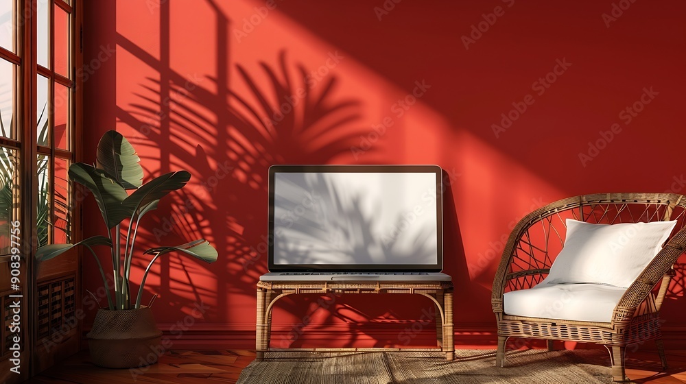 Aufkleber Laptop computer with blank screen on comfortable rattan chair against red color wall Aesthetic template with mockup copy space Online store blog social media website branding Online sh : Generative AI