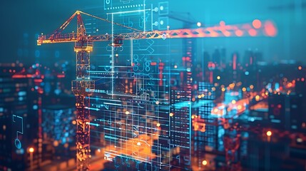 Image of financial data processing over crane and construction site global development business finance digital interface and data processing concept digitally generated image : Generative AI