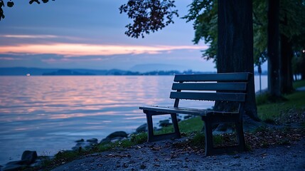Obraz premium Germany BadenWurttemberg Radolfzell Empty park bench on shore of Lake Constance at dusk : Generative AI
