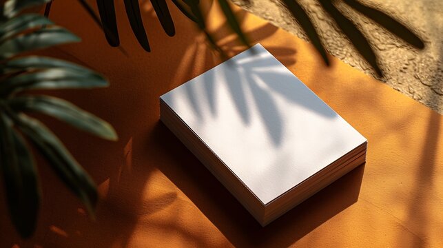 From above white business card stack template placed on brown background : Generative AI