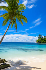 Naklejka premium Glorious Summertime - Tropical Beach, Crystal Clear Water, Pristine Sandy Shores, and Palms Swaying in Warm Golden Light