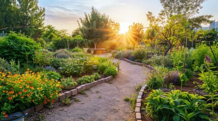 Fototapeta premium A serene garden path surrounded by vibrant flowers and greenery at sunset, creating a peaceful and inviting atmosphere.