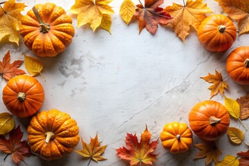 Fototapeta premium Leaves background with pumpkins, white empty space in the middle