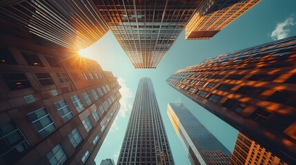 Manhattan skyscrapers during setting sunlight detail shot of world famous travel destination horizontal copy space graphic resources backgrounds : Generative AI
