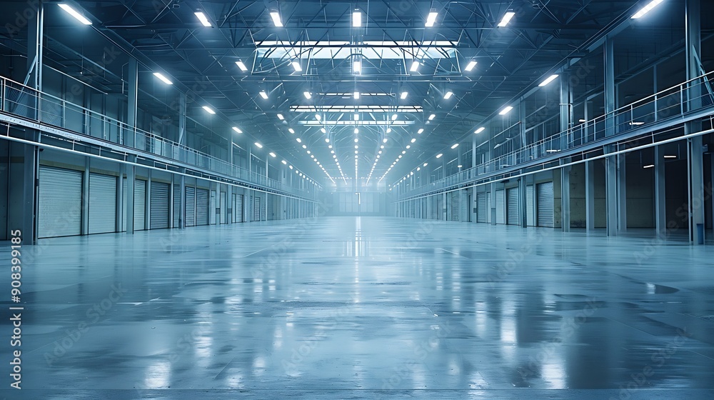 Poster large bright and empty warehouse : generative ai