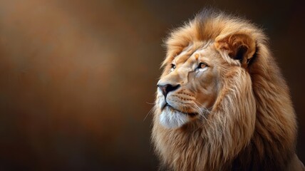 Fototapeta premium Close-up portrait of lion with luxurious mane and confident gaze.