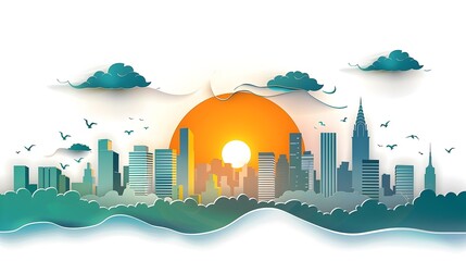 Minimalist Paper Cut City Skyline Art on White Background