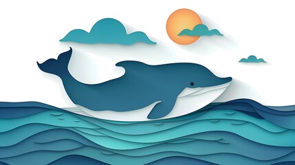 Minimalist Papercut of a Whale Swimming in the Ocean