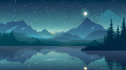Fototapeta premium A serene night landscape with a full moon, stars, mountains, trees, and a reflective lake. The tranquil scene captures the beauty of nature under the night sky.
