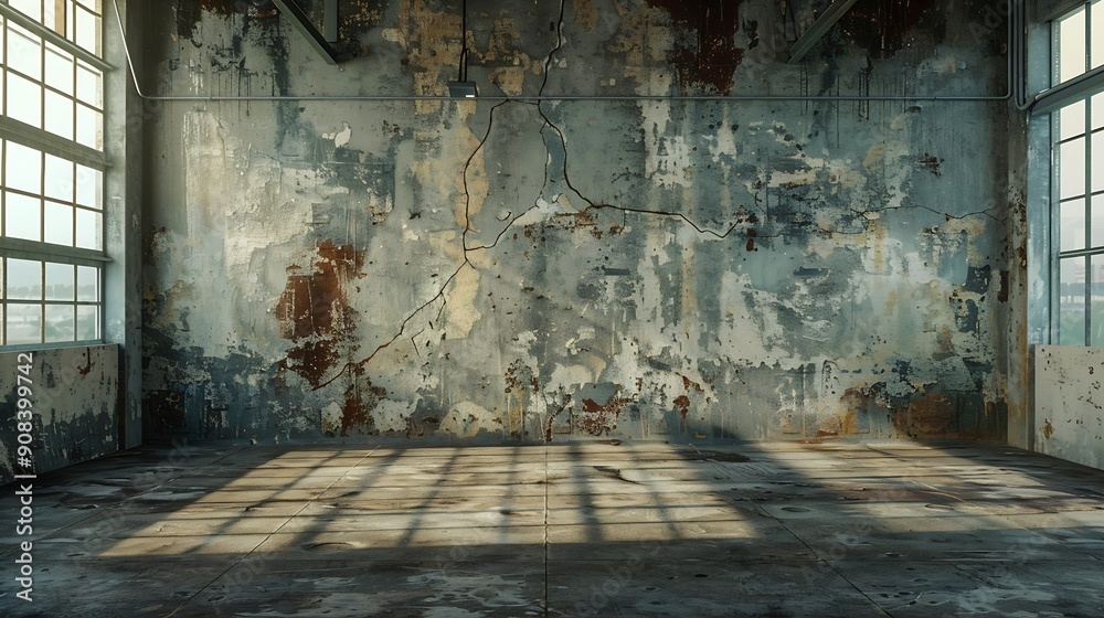 Poster empty warehouse room with grungy stucco concrete wall floor room as background corner of old grunge 