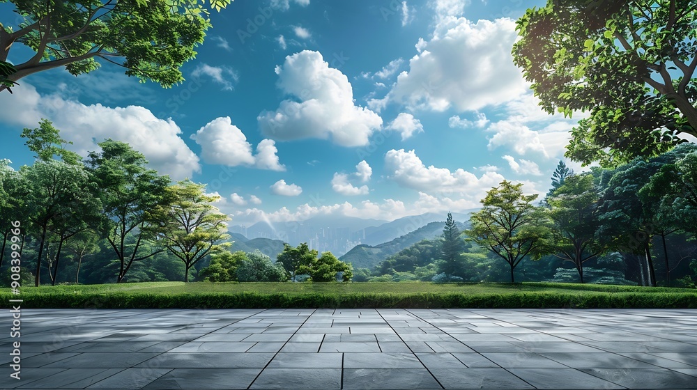 Poster Empty square floor and green forest with sky clouds background Panoramic view : Generative AI