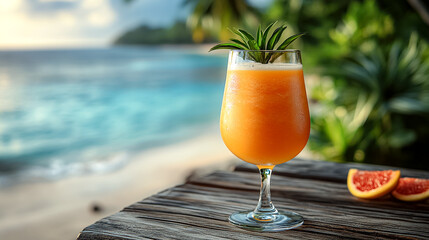 A glass of orange juice with a lime wedge on top is sitting on a wooden table by