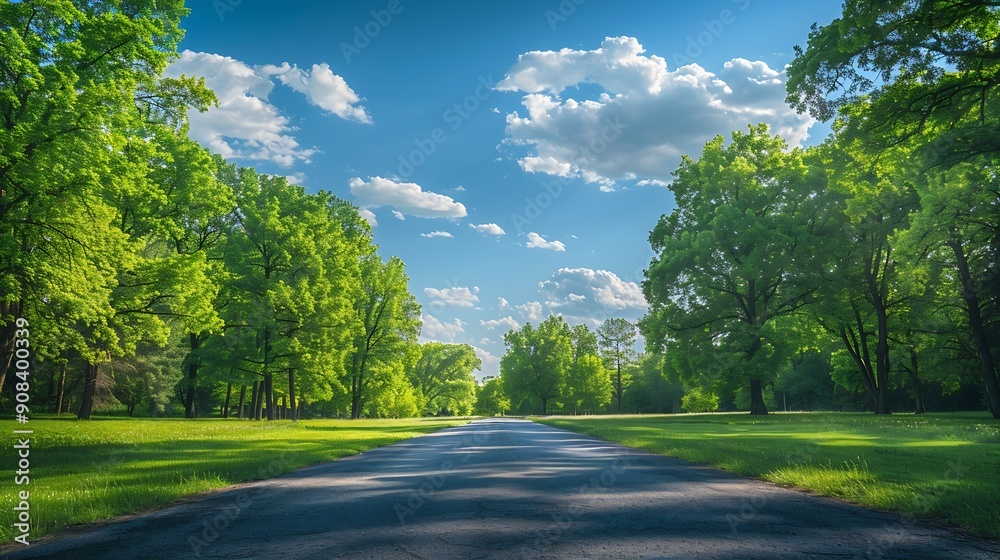 Poster empty square or road through green forest trees under blue sky and clouds : generative ai