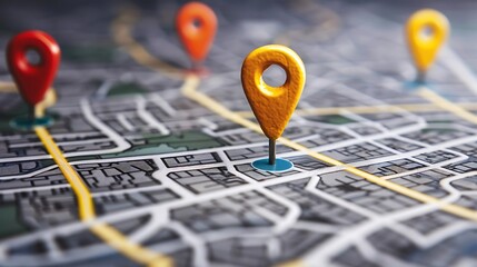 Close up of a map with multiple location pins indicating various points of interest. The pins are yellow and red highlighting different locations on the map.