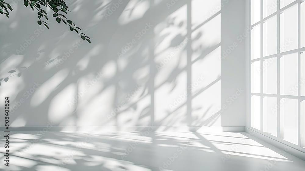 Fototapete abstract white studio background for product presentation with window shadows and sunlight blurred b