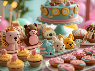 A table spread with colorful cupcakes, donuts, and animal-shaped cake pops for a birthday party.