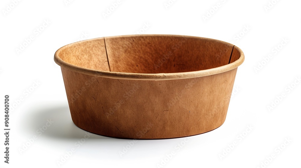 Aufkleber Side view closeup of empty single brown paper bowl isolated on white background with clipping path : Generative AI
