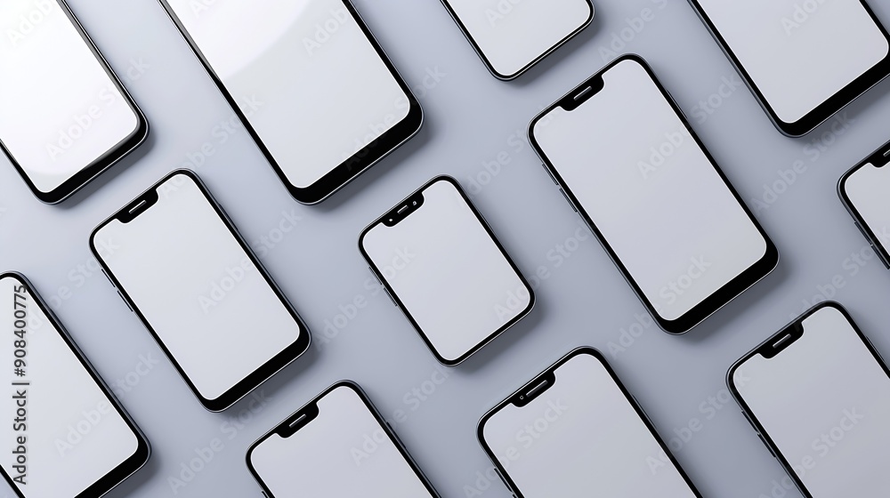 Poster flat rays collection of smartphone mockup blank screen isolated with clipping path on white backgrou