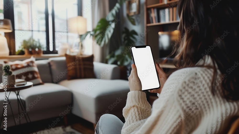 Aufkleber mockup image of a woman holding and using mobile phone with blank desktop white screen at home : gen