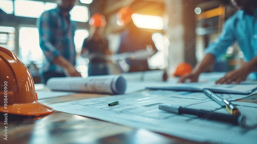Aufkleber Brainstorming group of architects and engineers discuss building blueprint design paperwork and drawing construction project planning on wooden table in office Construction project bud : Generative AI
