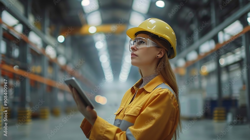 Poster Industry 40 Modern Warehouse Female Engineer in Empty Warehouse Uses Digital Tablet Computer with Augmented Reality Software for Future Factory or Warehouse Layout Concept Shot of Augm : Generative AI