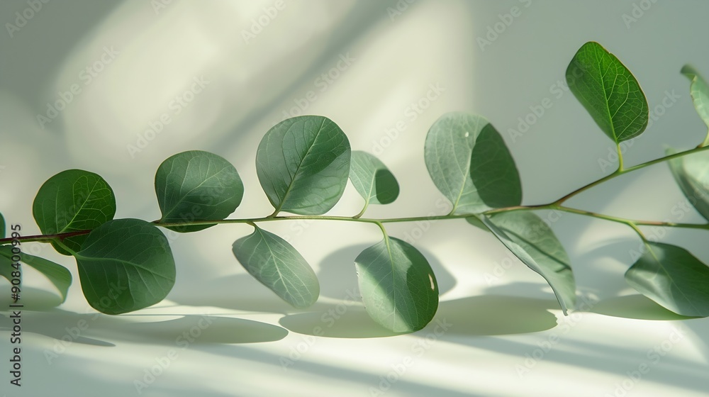 Aufkleber green eucalyptus branch with shadows on empty light grey background backdrop for natural product pre