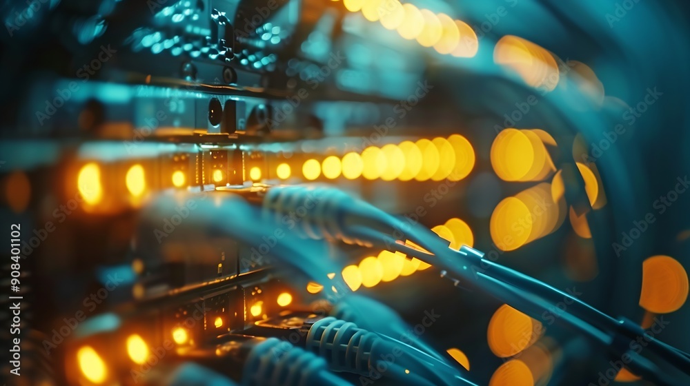 Aufkleber blur technology data center room defocus fiber optic cable and network router switch in data center room for background and wallpaper : Generative AI