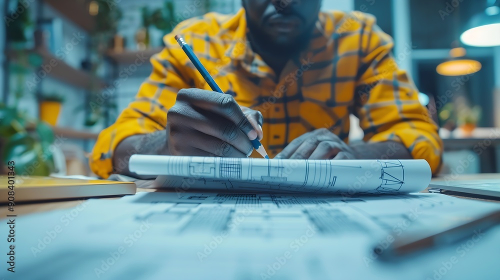 Poster Black man office and drawing on blueprint with pencil for planning a building design layout and project as architect Table construction and engineering person with idea for property re : Generative AI