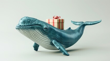 A cartoon whale with a present on its back.