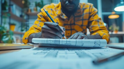 Fototapeta premium Black man office and drawing on blueprint with pencil for planning a building design layout and project as architect Table construction and engineering person with idea for property re : Generative AI