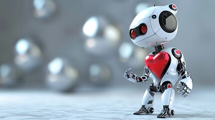 A small white robot with red heart eyes holds a red heart in front of it.