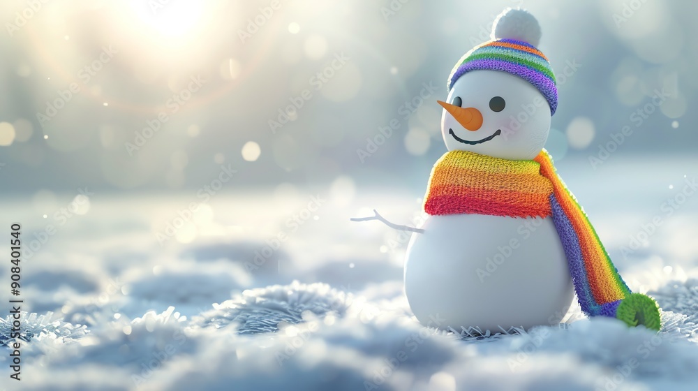 Poster A snowman with a rainbow scarf and hat in a snowy landscape.