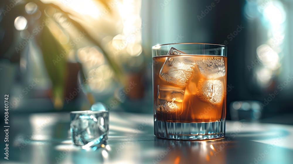 Poster iced coffee with ice cubes in a glass on the table : generative ai