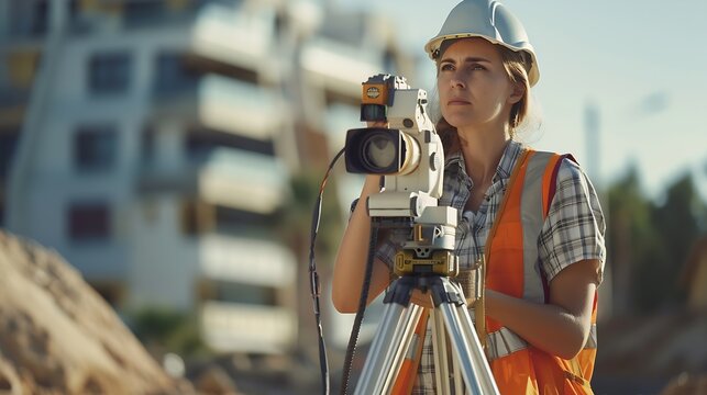 Female site engineer surveyor working with theodolite total station EDM equipment on a building construction site outdoors : Generative AI
