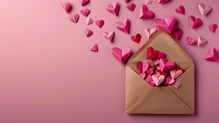 love letter envelope overflowing with paper craft hearts  flat lay on pink valentines or anniversary background with copy space : Generative AI