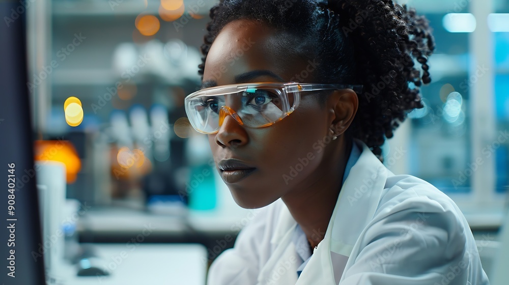 Poster A focused african american woman scientist working on a computer in a laboratory setting : Generative AI
