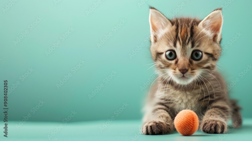 Sticker A cute tabby kitten is looking at the camera with an orange toy ball in front of it.