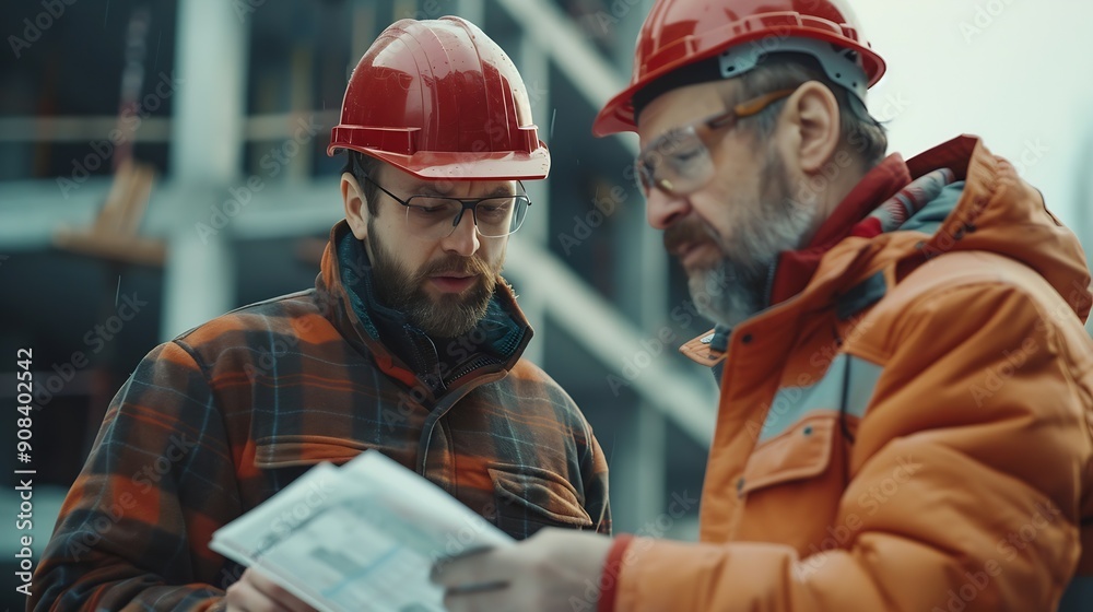 Poster Engineer and foreman worker team checking project at precast factory site Engineer and builders in hardhats discussing on construction site : Generative AI