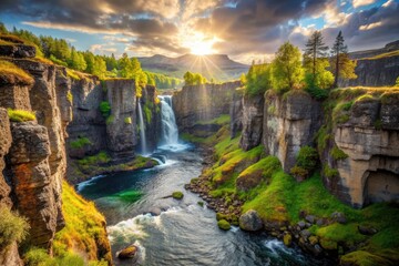 Majestic cliffs create an overwhelming feeling with high, rugged rocks, moss-covered trees, and shrubs. Sunlight highlights stone veins. Wind whistles through rocks. A river or waterfall flows