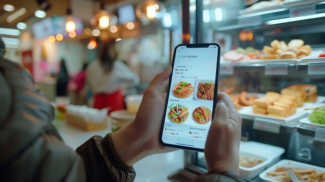 CU Photo of a person using his phone inside a fastfood restaurant Blank white smartphone screen mockup food order delivery discount coupon application mockup : Generative AI