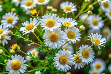 Fototapeta premium A close-up of wild chrysanthemums by the roadside showcases their pure beauty. Slender green branches sway gently, fragile yet full of vitality. Small, fingertip-sized daisies with white petals 