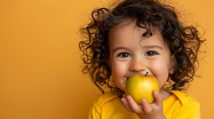 Adorable latin toddler smiling happy eating green apple looking to the camera over isolated yellow background : Generative AI