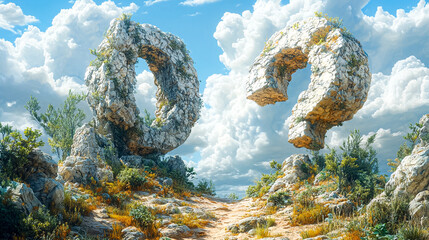 Two large rocks are shaped like a question mark