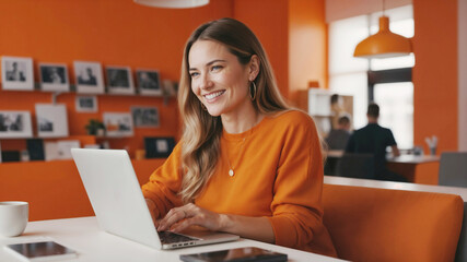 Happy Woman Smiling While Browsing Laptop and Enjoying Coffee in Monochromatic Orange Workspace