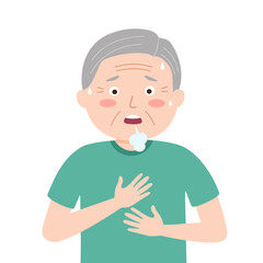 Senior man having difficult breathing in flat design on white background. Lung problem.