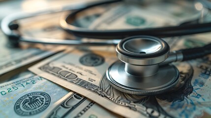 A closeup image of a black stethoscope wrapped around a stack of US dollar bills Cost of healthcare financial burden copay concept : Generative AI