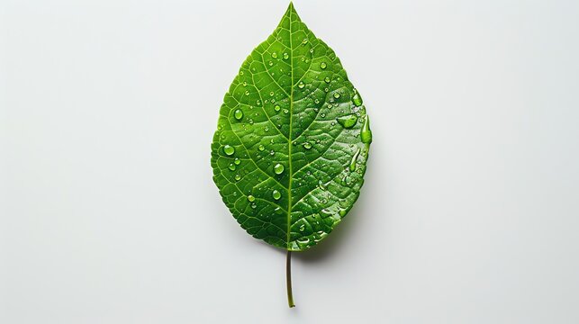 A single green leaf with water droplets on a white background.