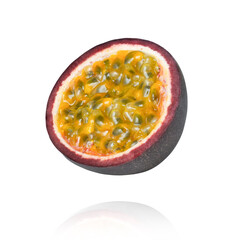 Red passion fruit half sliced flying in the air isolated on white background . 