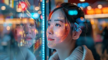 Obraz premium Concept of facial recognition scan used for confirming payment for food transaction at fastfood restaurant POV from terminal kiosk Emerging wearable and contactless payment technology : Generative AI